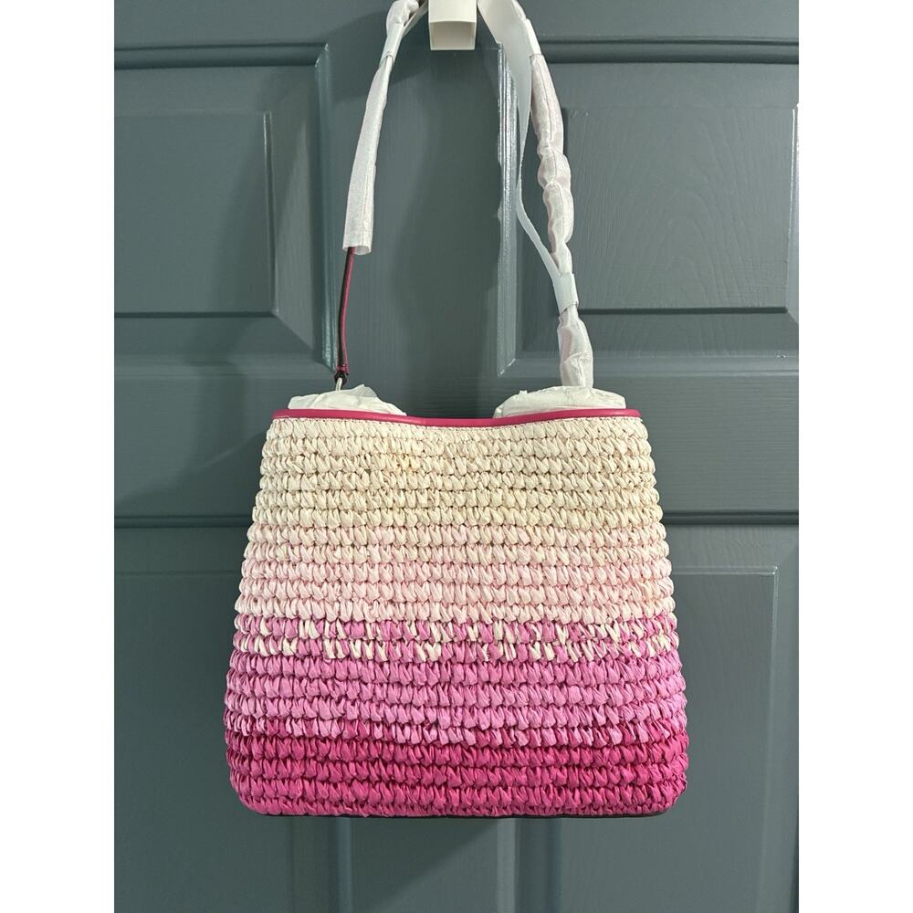 Michael Kors Pratt Women Medium Ombré Straw Bucket Shoulder Bag Dragonfruit - Picture 5 of 9